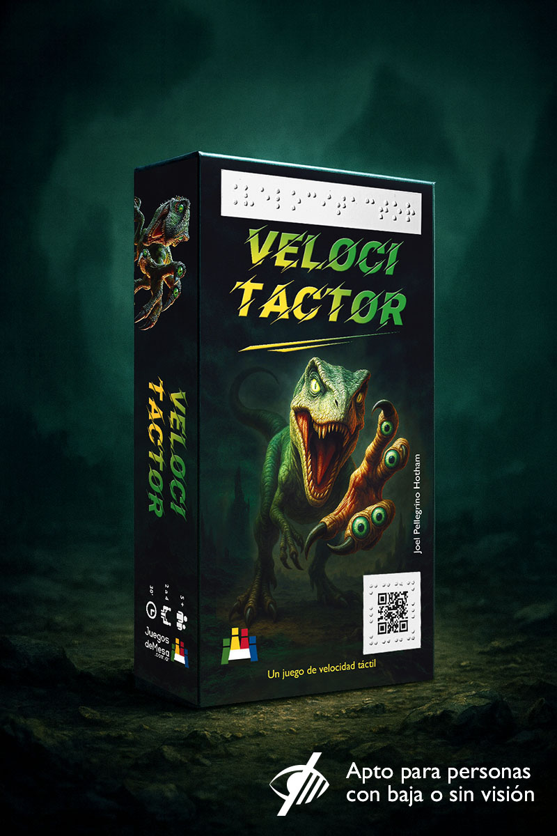 Fotografía de la caja del juego de mesa Velocitactor. La tapa muestra a un velocitactor, criatura similar a un velocirráptor con ojos en cada dedo de su garra extendida, simbolizando la lectura táctil en la oscuridad. En la parte superior de la caja se incluye el título en braille, debajo el nombre 'Velocitactor' en letras verdes y amarillas, y en la base el texto 'Un juego de velocidad táctil' junto a un código QR. En la esquina inferior derecha aparece el ícono de accesibilidad visual con la frase: 'Apto para personas con baja o sin visión'