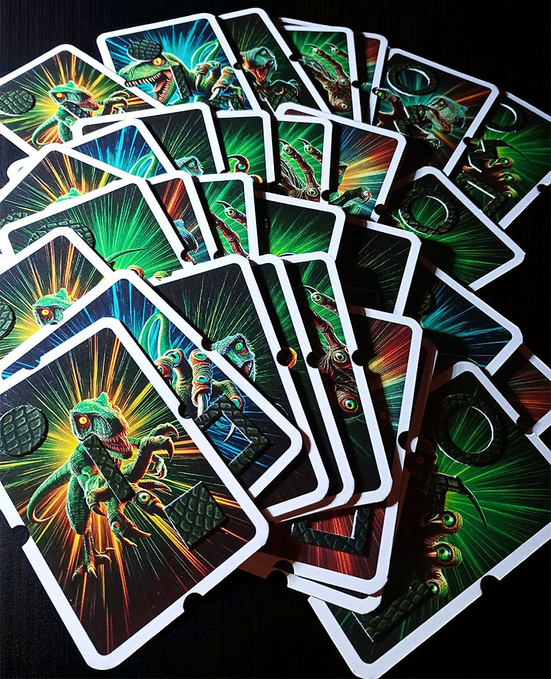 Cartas táctiles del juego Velocitactor desparramadas sobre una superficie oscura. Cada carta muestra ilustraciones coloridas de velocitactors en diferentes poses y contiene figuras geométricas en relieve —círculo, cuadrado y línea— que se distinguen al tacto. En los bordes se aprecian las muescas que identifican cada mazo.